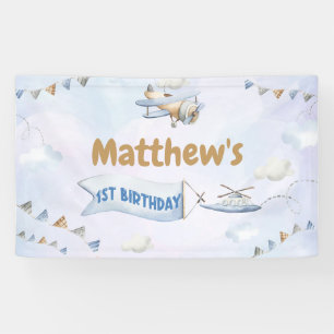 Cute Retro Blue Aeroplane 1st Birthday Banner
