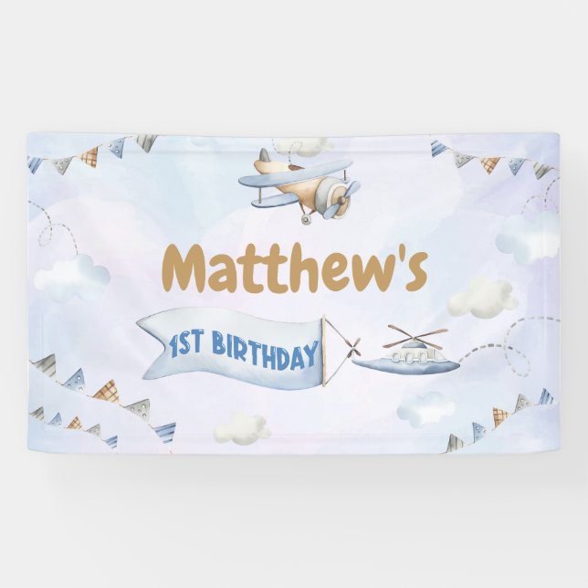 Cute Retro Blue Aeroplane 1st Birthday Banner (Horizontal)