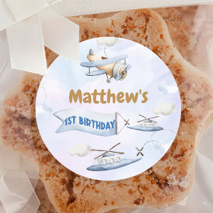 Cute Retro Blue Aeroplane 1st Birthday Classic Round Sticker