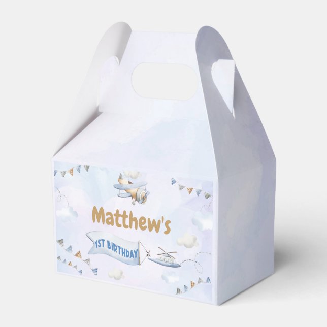 Cute Retro Blue Aeroplane 1st Birthday Favour Box (Front Side)