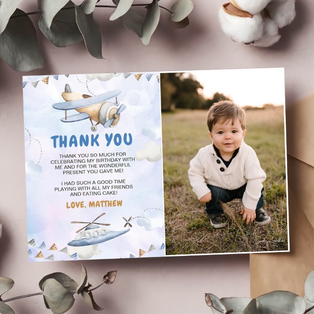 Cute Retro Blue Aeroplane 1st Birthday Photo Thank You Card (Creator Uploaded)