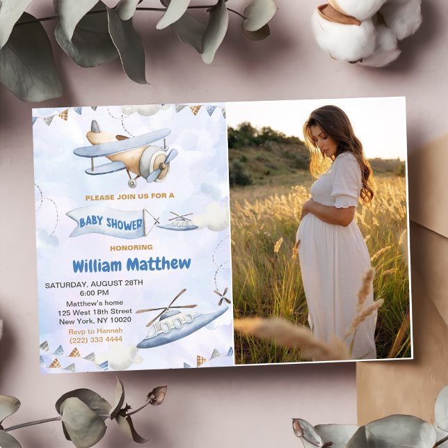 Cute Retro Blue Aeroplane Baby Shower Photo Invitation (Creator Uploaded)