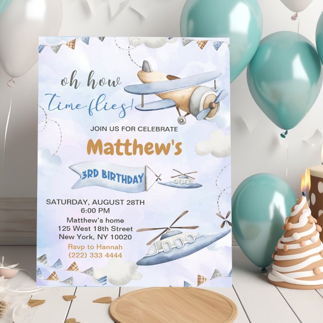 Cute Retro Blue Aeroplane Time Flies 3rd Birthday Invitation (Creator Uploaded)