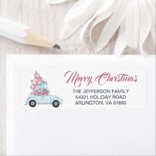 Cute Retro Blue Car Pink Christmas Tree Holiday