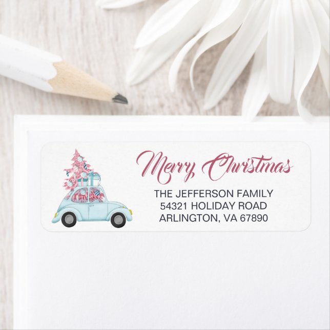 Cute Retro Blue Car Pink Christmas Tree Holiday (Insitu)
