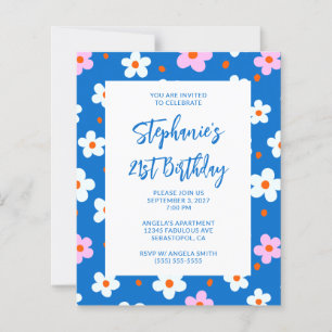 Cute Retro Blue Floral Bold 21st Birthday