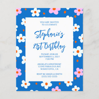 Cute Retro Blue Floral Bold 21st Birthday Flyer