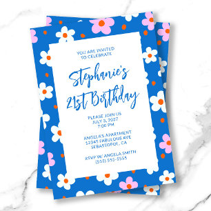 Cute Retro Blue Floral Bold 21st Birthday Invitation