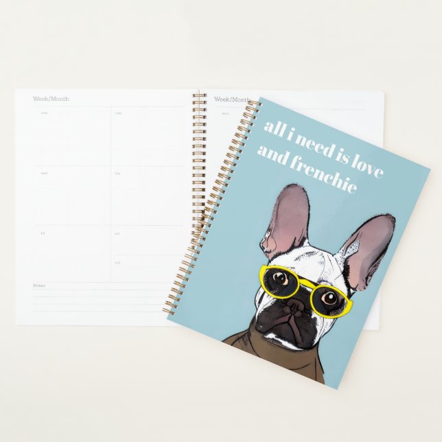 Cute Retro Blue French Bulldog With Neon Glasses Planner (Display)