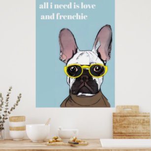 Cute Retro Blue French Bulldog With Neon Glasses Poster