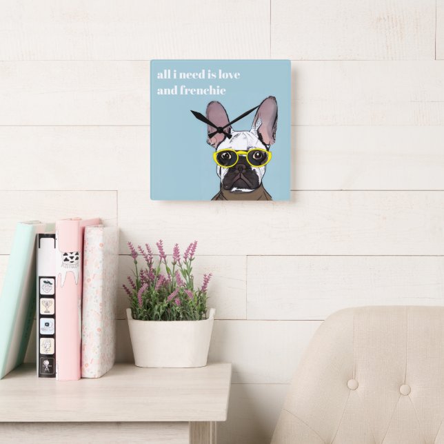 Cute Retro Blue French Bulldog With Neon Glasses Square Wall Clock (Reading Room)
