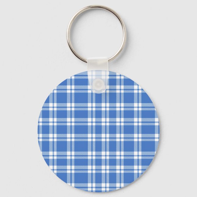 Cute Retro Blue Gingham Plaid Pattern Key Ring (Front)