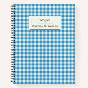 Cute Retro Blue Gingham Plaid Personalised Recipe Notebook