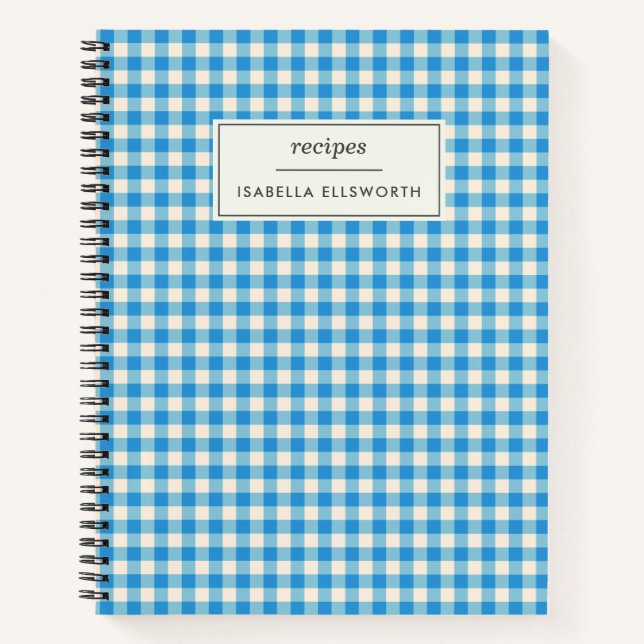 Cute Retro Blue Gingham Plaid Personalised Recipe Notebook (Front)