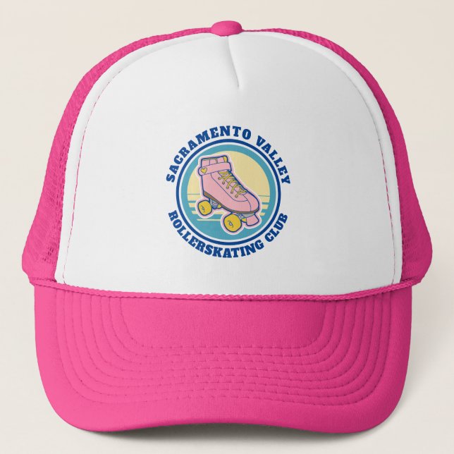 Cute Retro Blue Pink Text Rollerskating Club Trucker Hat (Front)