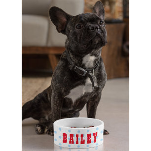 Cute Retro Blue Polka Dots Dog Puppy Pet Name Food Bowl