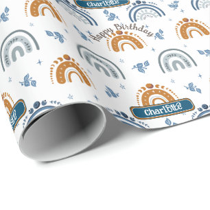 Cute Retro Boho Celestial Pattern Birthday Wrapping Paper