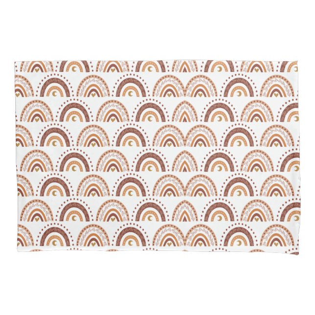Cute Retro Brown Boho Rainbow Whimsical Pattern Pillowcase (Front)