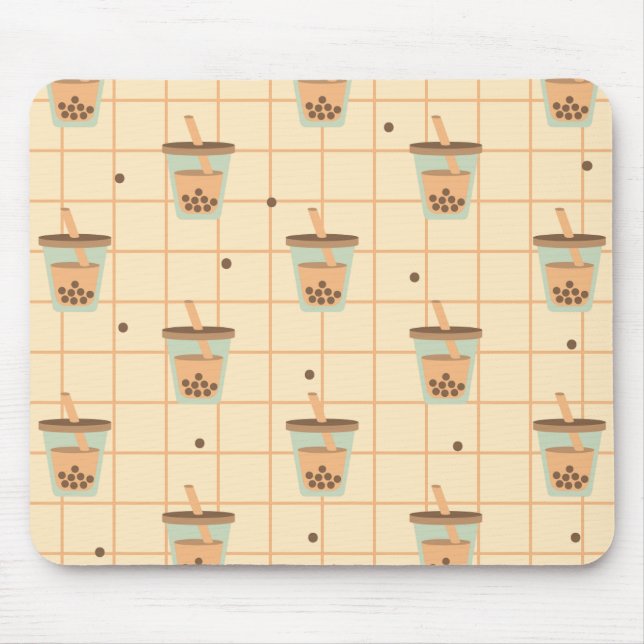 Cute Retro Bubble Milk Tea Pattern Grid Design Mouse Mat (Front)