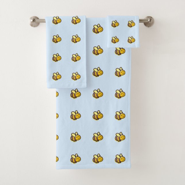 Cute Retro Bumble Bees on Light-Blue Bath Towel Set (Insitu)