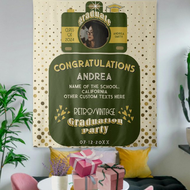 Cute Retro Camera Art Dots Graduate Photo Backdrop Tapestry (Creator Uploaded)