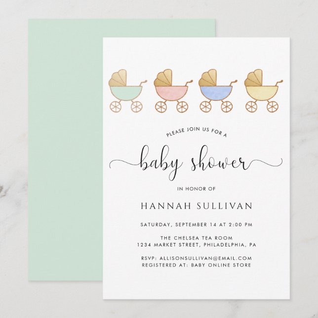 Cute Retro Carriages Minimal Baby Shower Invitation (Front/Back)