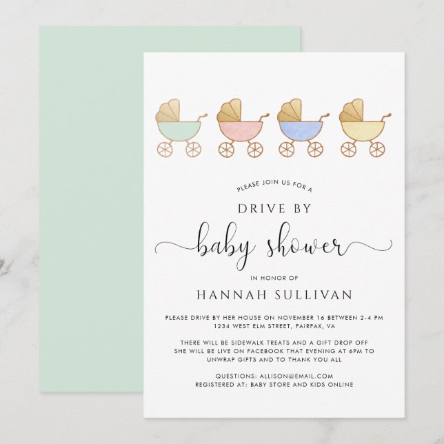 Cute Retro Carriages Parade Drive By Baby Shower Invitation (Front/Back)