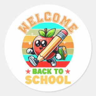 Cute Retro Cartoon Apple   Welcome Back To School  Classic Round Sticker