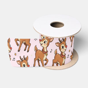 Cute Retro Cartoon Reindeer with Music Notes Satin Ribbon