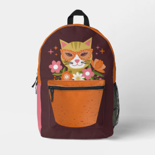 Cute Retro Cat and Flowers Terracotta Planter Printed Backpack