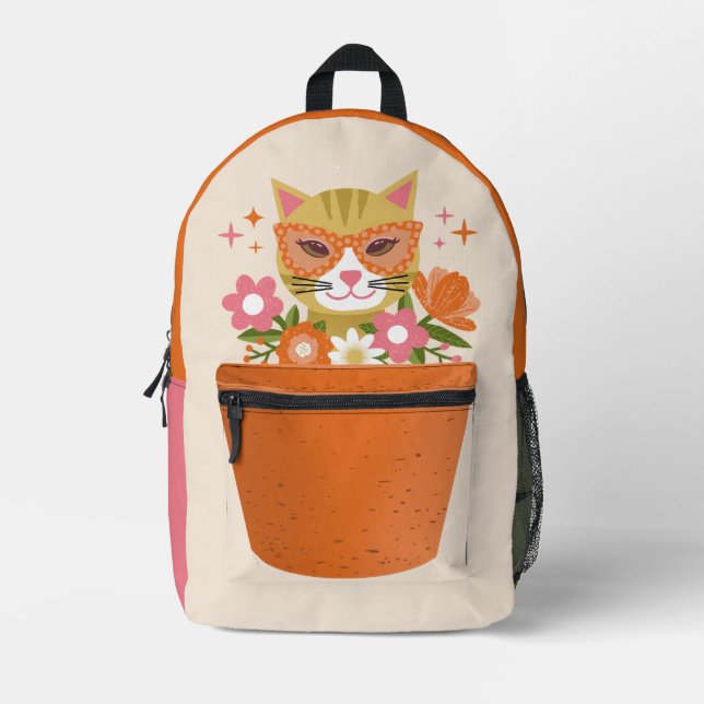 Cute Retro Cat and Flowers Terracotta Planter Printed Backpack (Front)