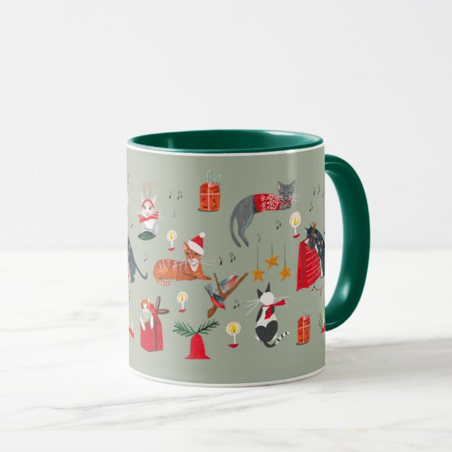 Cute retro cat green Christmas pattern  Mug (Front Right)