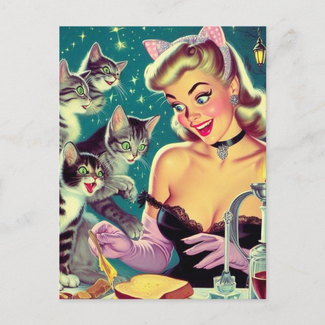 Cute Retro Cat Pin-up Postcard (Front)