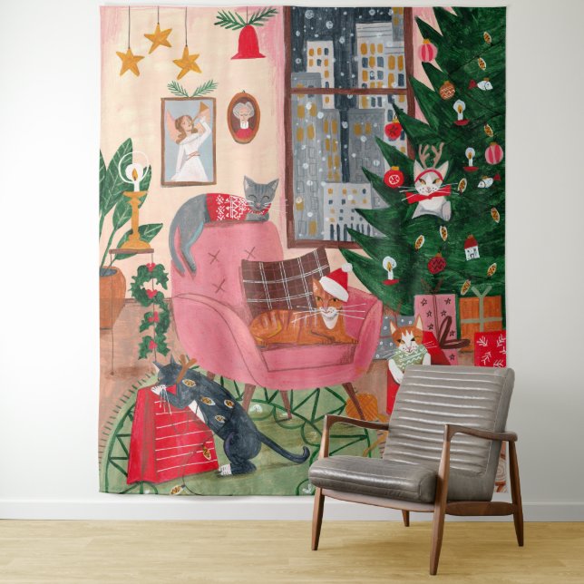 Cute retro cats Christmas Holiday Tapestry (In Situ)
