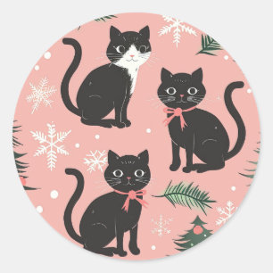Cute Retro Cats on Pink Christmas Classic Round Sticker