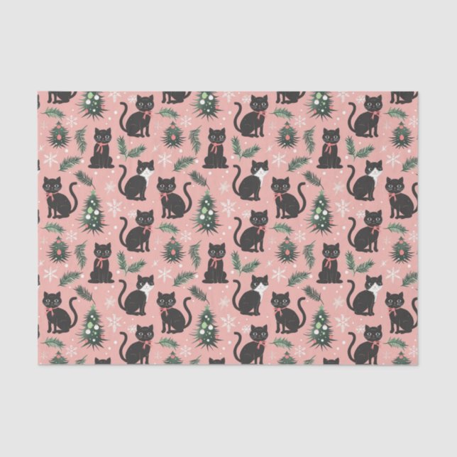 Cute Retro Cats on Pink Christmas Tissue Paper (Front)