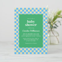 Cute Retro Chequerboard Blue Green Baby Shower