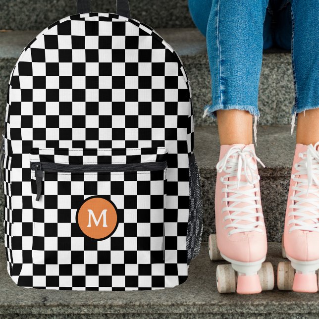 Cute Retro Chequerboard Monogram Black and White Printed Backpack (Creator Uploaded)