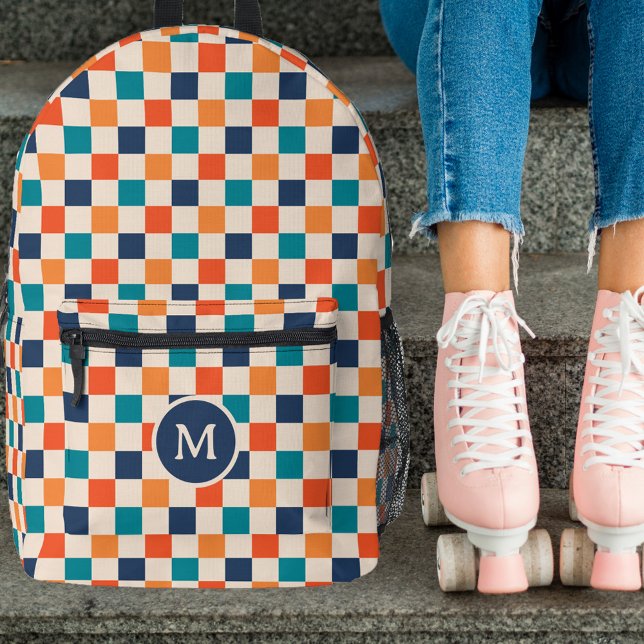 Cute Retro Chequerboard Monogram Navy Orange Teal Printed Backpack (Creator Uploaded)