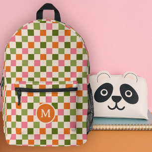 Cute Retro Chequerboard Monogram Pink Orange Green Printed Backpack