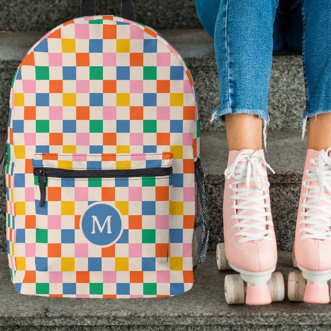 Cute Retro Chequerboard Monogram Vintage Colours Printed Backpack (Creator Uploaded)