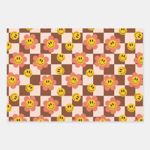 Cute Retro Chequerboard patterns with flowers Wrapping Paper Sheet