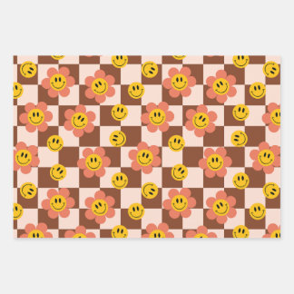 Cute Retro Chequerboard patterns with flowers Wrapping Paper Sheet