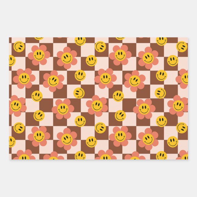 Cute Retro Chequerboard patterns with flowers Wrapping Paper Sheet (Front)