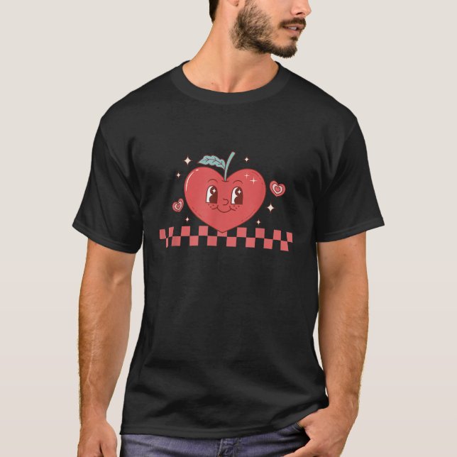 Cute Retro Chequered Apple with Face Teacher Heart T-Shirt (Front)