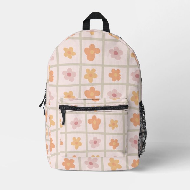 Cute Retro Chequered Floral Backpack (Front)