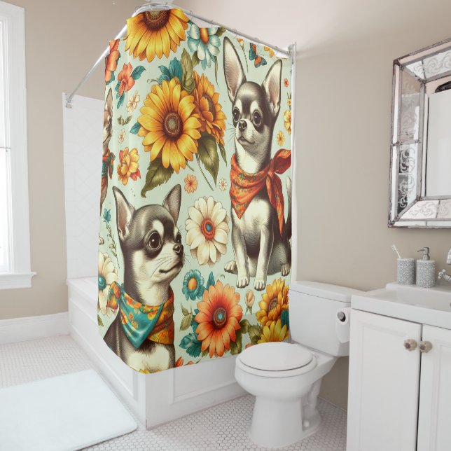 Cute Retro Chihuahua Illustration Shower Curtain (In Situ)