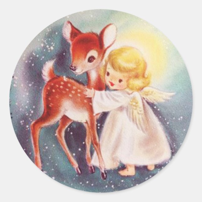 Cute Retro Christmas Angel Girl With Deer Classic Round Sticker (Front)