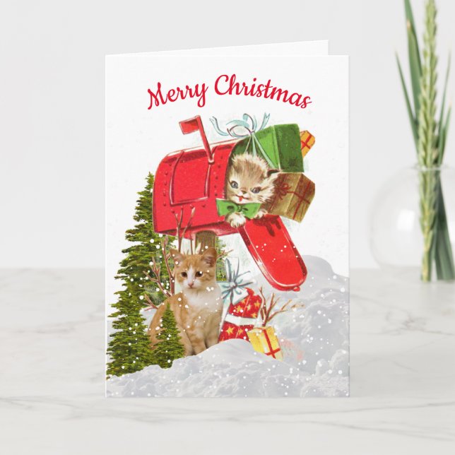 Cute Retro Christmas Cat / Mailbox Holiday Card (Front)