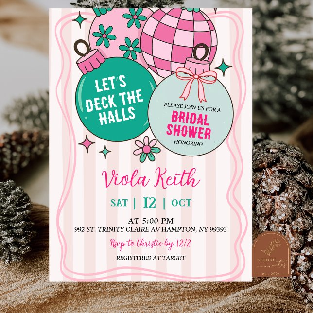 Cute Retro Christmas Deck the Halls Bridal Shower Invitation (Creator Uploaded)
